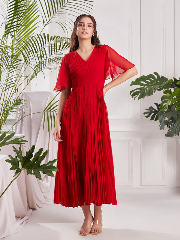 Red Georgette Alert Midi Dress For Women