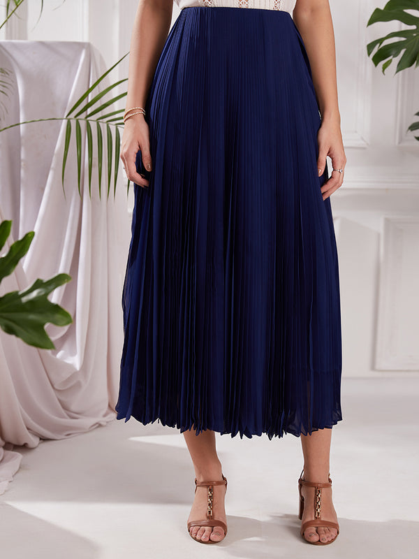 Navy Blue Georgette Nirvana Midi Skirt For Women