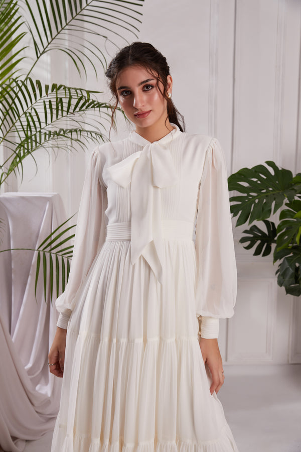 White Georgette Pearl Blossom Dress For Women