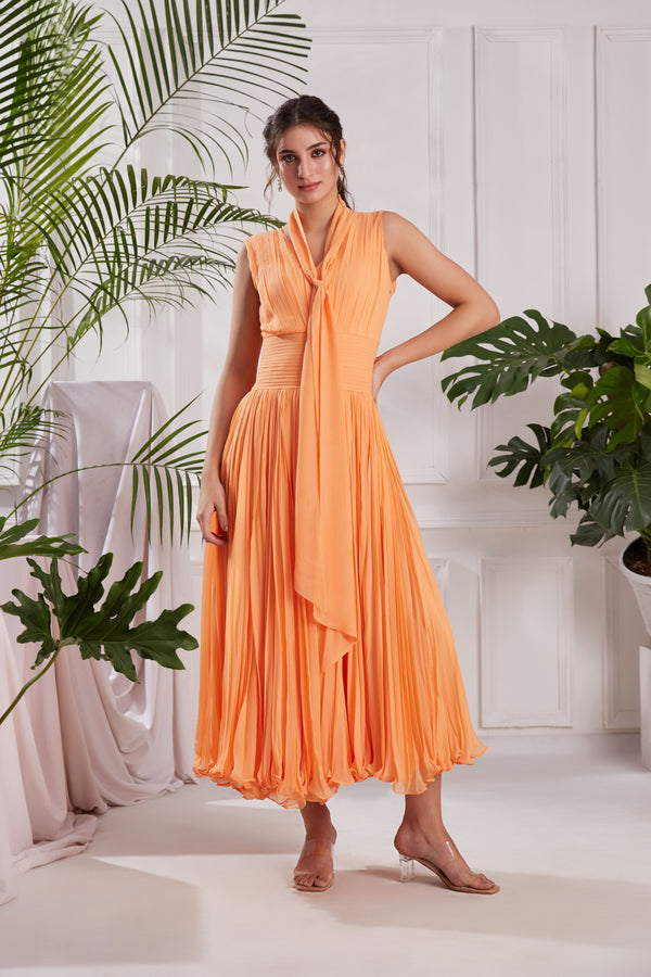 Peach Georgette Frill Your Way Midi Dress For Women