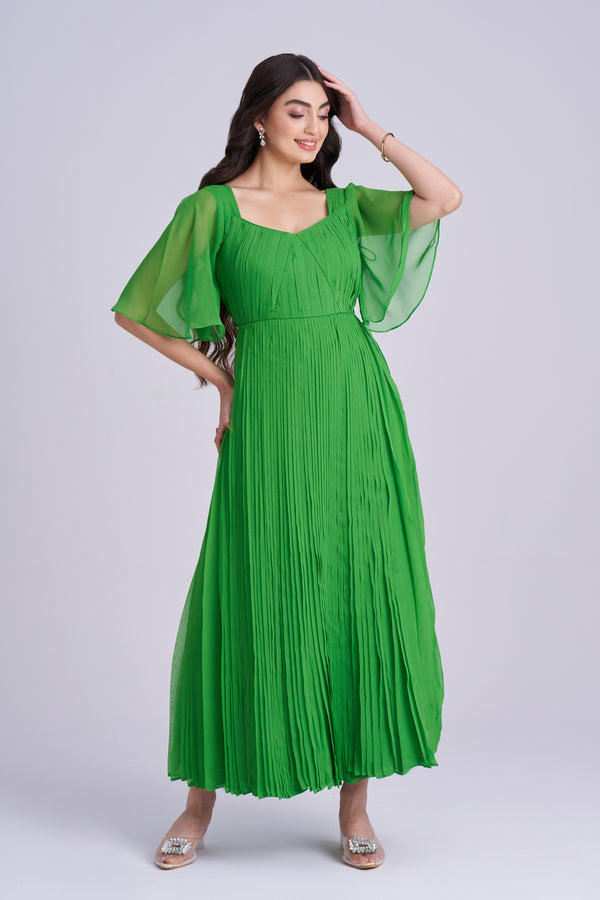 Green Pleated  maxi Dress