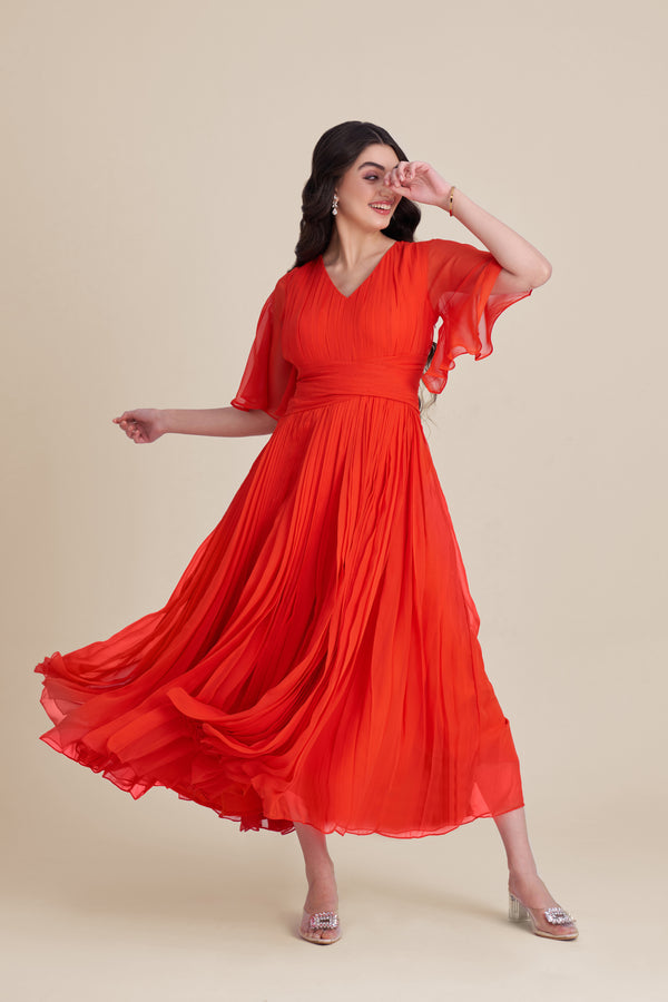 Orange Pleated long dress