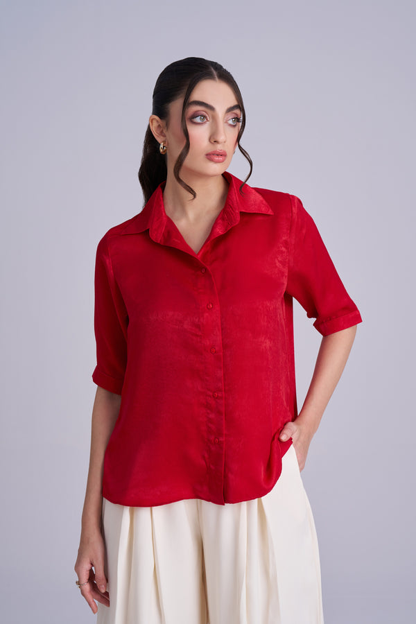 Red Shirt for Women | Loose fit Satin women's shirt