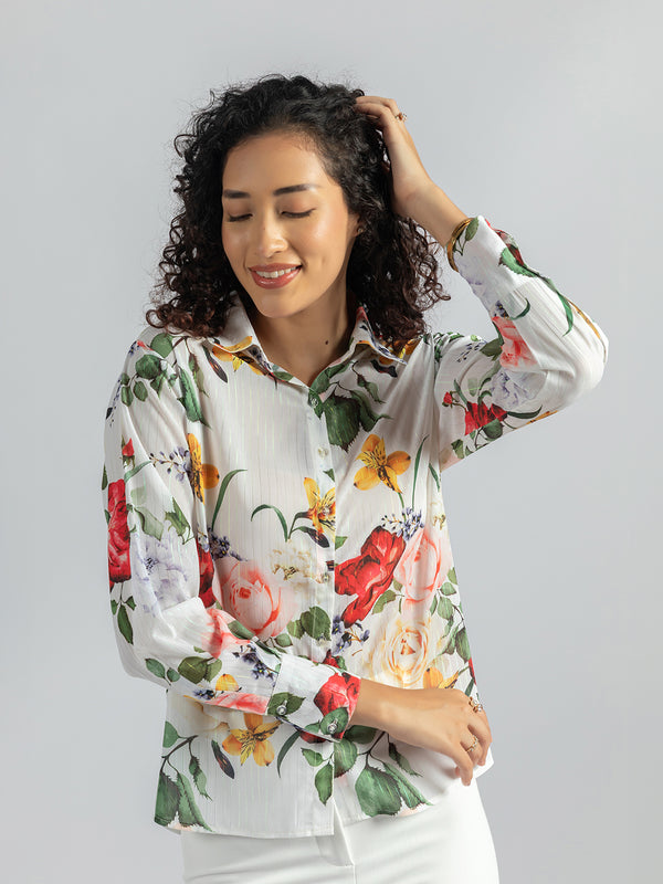 White Floral Casual Shirt for Women | Designer Shirts for women - Floral Print
