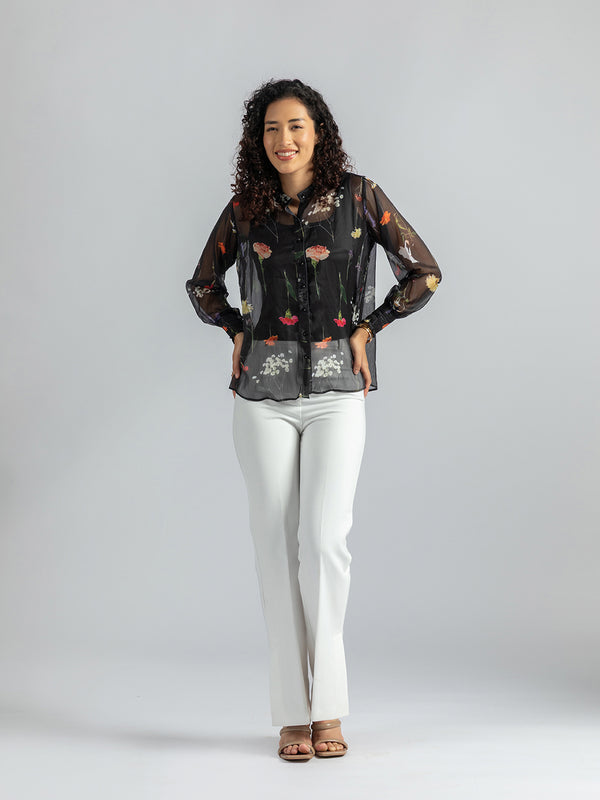 Women's Semi-Sheer black shirt with inner | Full Sleeve Button-Down shirt