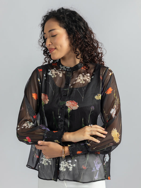 Women's Semi-Sheer black shirt with inner | Full Sleeve Button-Down shirt