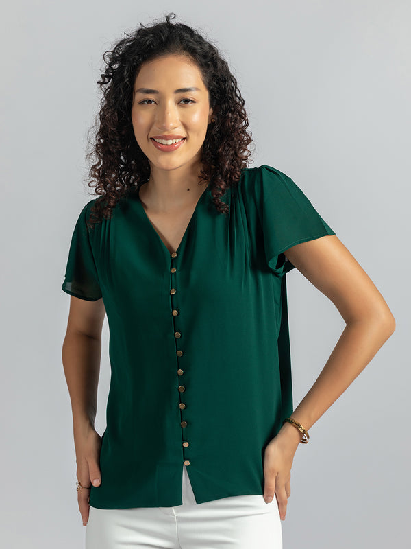 Women's green V-Neck Top | Elegant half sleeve Top