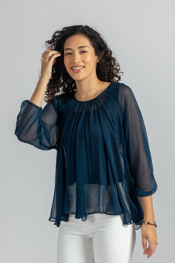 Blue Printed semi transparent top with inner | Stylish Flared Top for Women