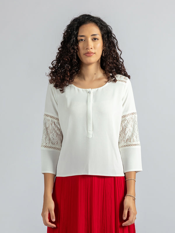 Women's white Lace Sleeve Top | Round Neck casual White Top
