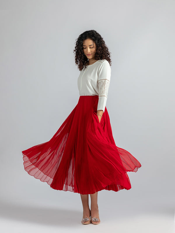 Red Pleated Midi Skirt | Women's Red georgette  Skirts