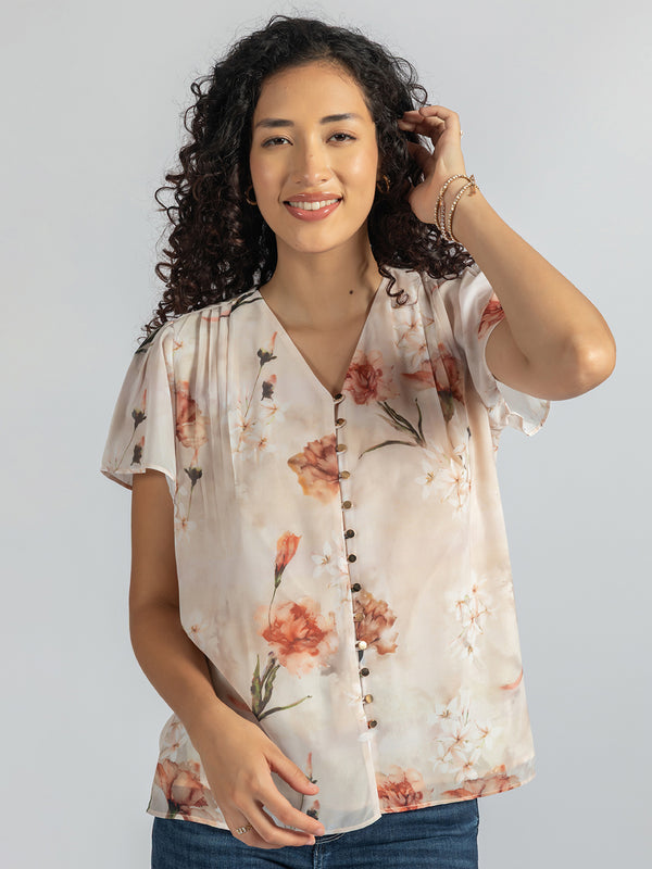 Beige Printed trendy Top | Elegant Beige Floral print Top
