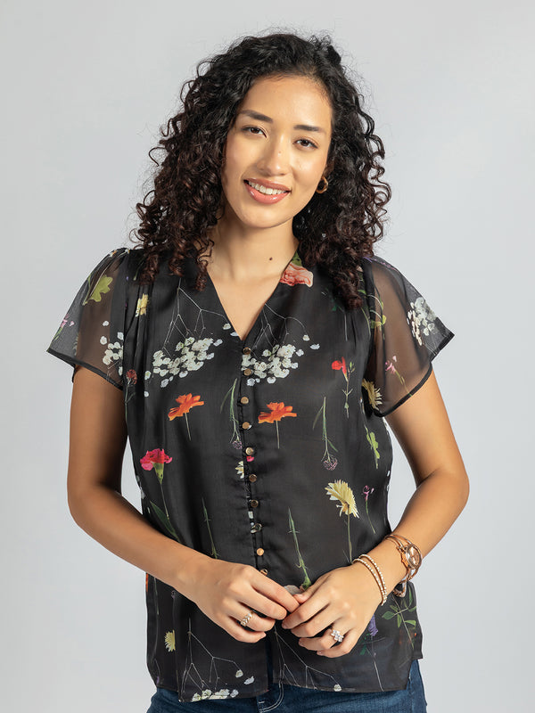 Black Floral printed Top | Casual half sleeve Blouse