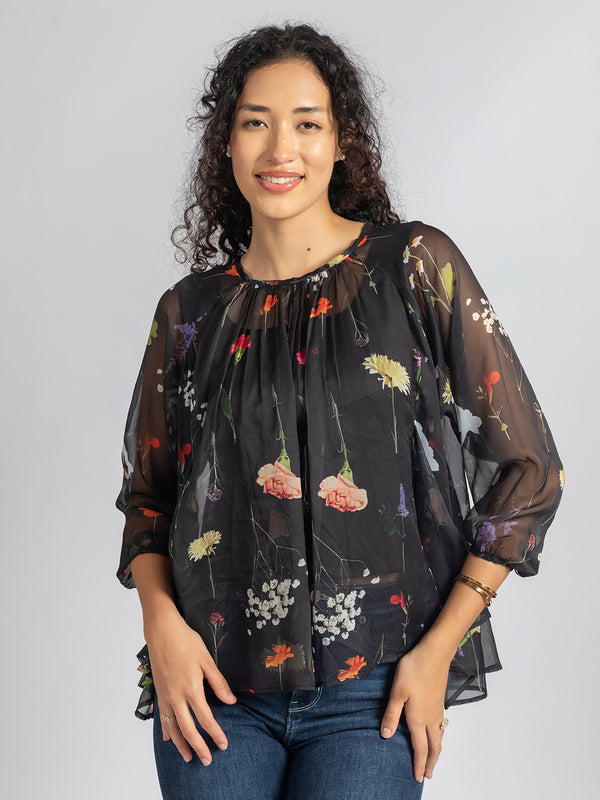 Black Printed loose fit Top | Women's casual sheer top with detached inner