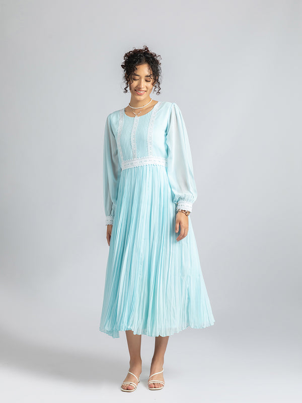 Sky  Blue Lace Pleated Dress