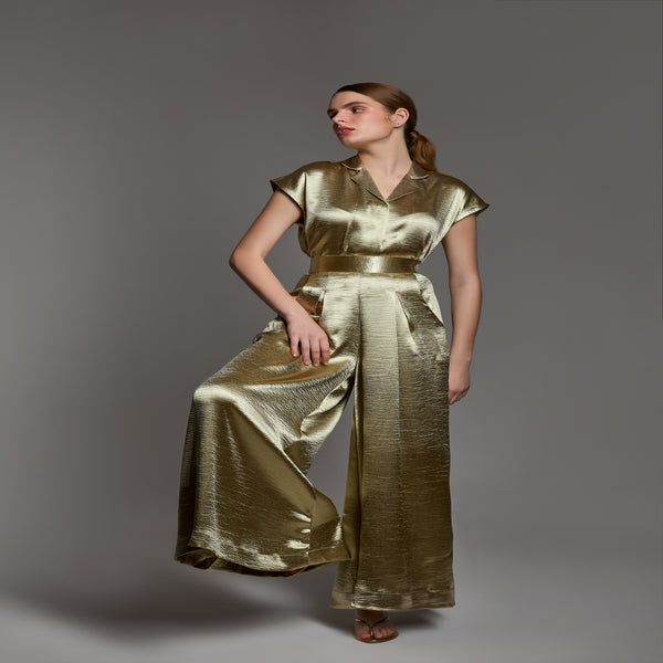 Golden Shirt and palazzo set |  Stylish satin co-Ord set for women