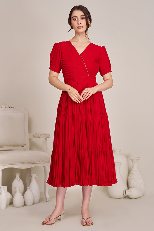 Red pleated tired dress for women| Long Indo - Western Dress for women