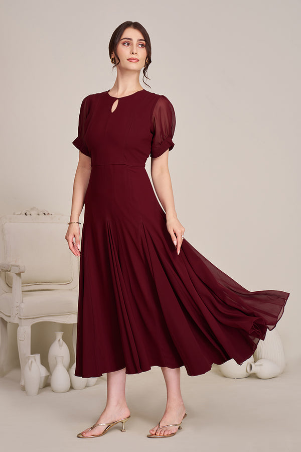 Maroon Fit & Flare Midi Dress for women | Semi- formal dress for women