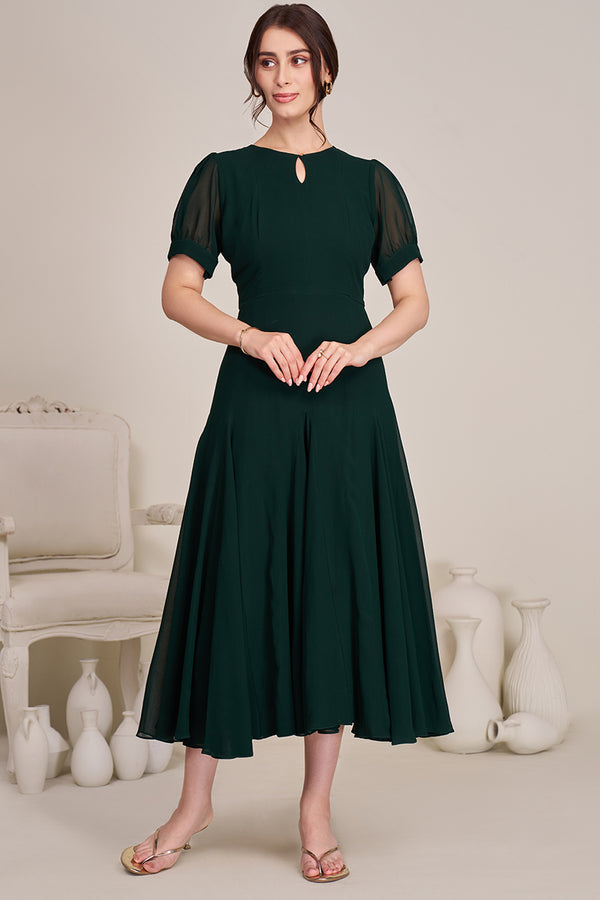 Green casual western dress for women | Dark Green Flowing Midi Dress for women