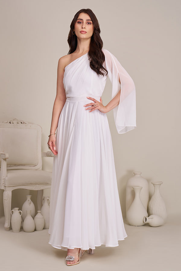 White One-Shoulder Maxi Dress for women | Flared long ladies dresses
