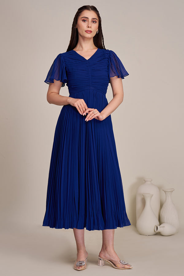 Royal Blue Pleated Midi Dresses for women | Long dress for women