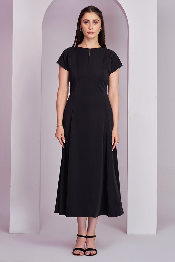 Minimalist Black Korean Dress for women | Semi - formal midi dress for women